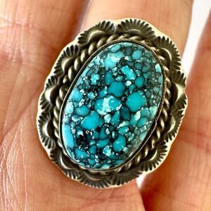 Navajo Spiderweb Turquoise Ring Sz 8 Sterling Sun Stamp Native American